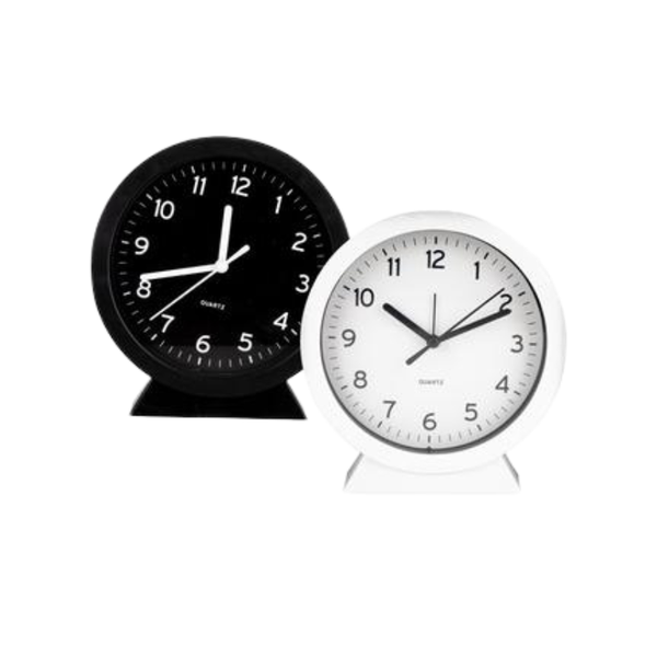 Clock Alarm Plastic Rond on Stand 15cm Black &amp; White