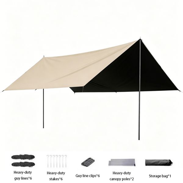 Waterproof Camping Tarp Shelter, Outdoor Sun Shade Canopy with Poles Set
