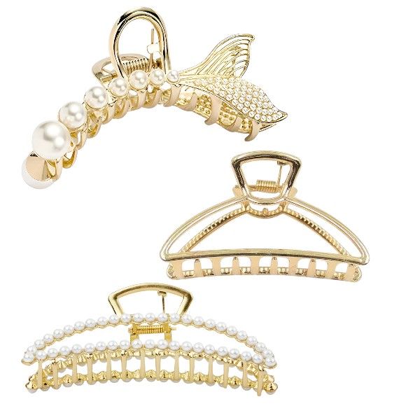 3 Piece Gold and Pearl Hairclip Set - Gold