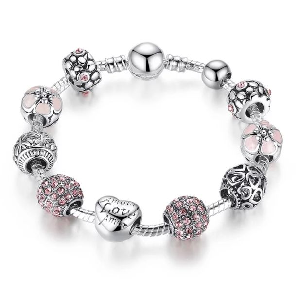 Designer Love Heart 925 Silver Plated Brass Beaded Charm Bracelets