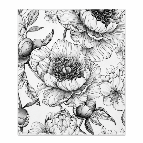 Black and White Botanical Fleece Blanket (130 x 150 cm)