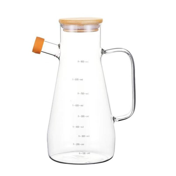 High Borosilicate Oil Pot Bamboo Lid Glass Vinegar Oil Dispenser - 0.9L