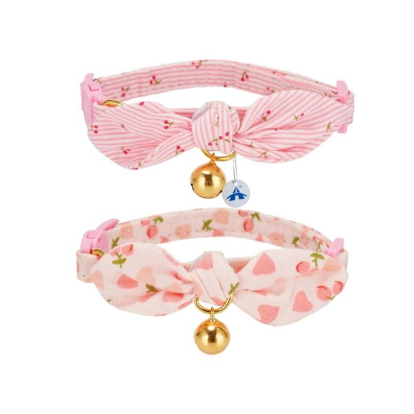 ALANES 2 Pack Cotton Bowtie Cat Collar with Bell-Pink