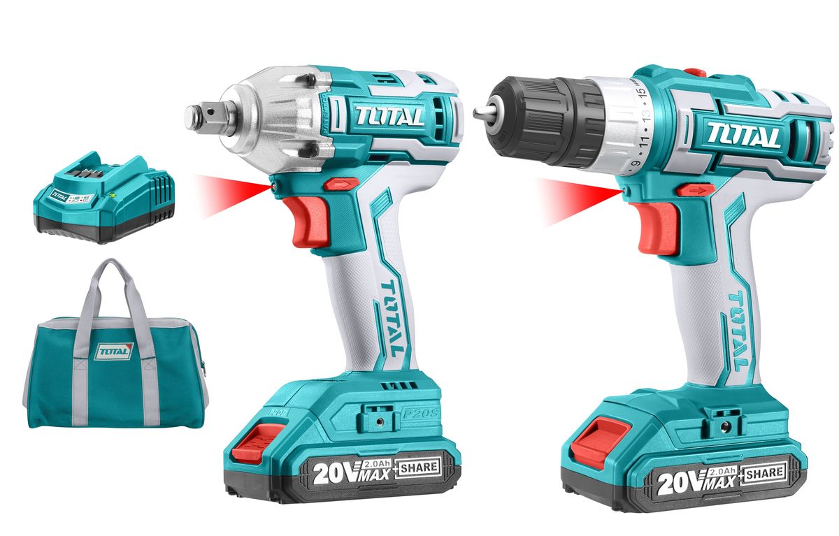 Total Tools 20V Drill and Impact Wrench with 2 x Batteries & Charger