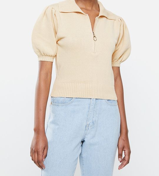 Women's Glamorous Puff Sleeve Summer Knit - Beige