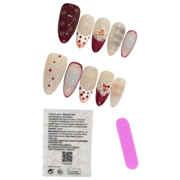 10 Piece - Almond-Shaped Press-On Nails With Maroon Polka Dots &amp; 3D Flowers