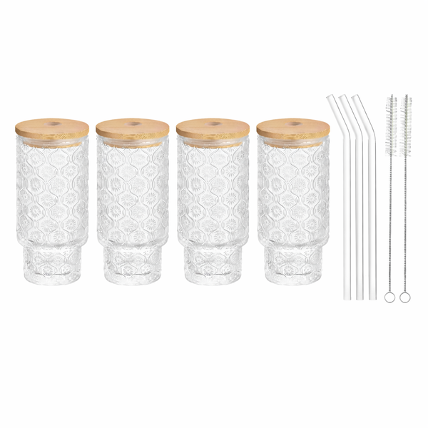 Embossed Glass Tumbler Set with Bamboo Lids -Set 4