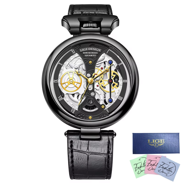 LIGE - Men Luxury Leather Strap Formal Skeleton Analogue Quartz Watch Black