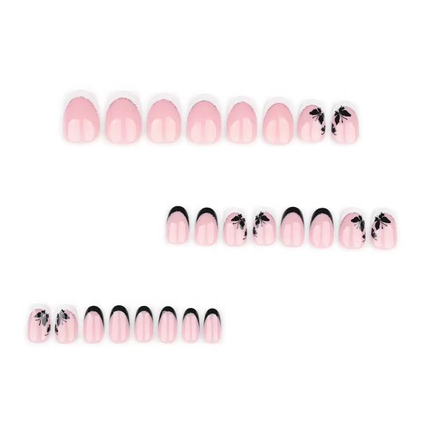 Simple French Manicure With White Trim And Black Butterfly False Nails