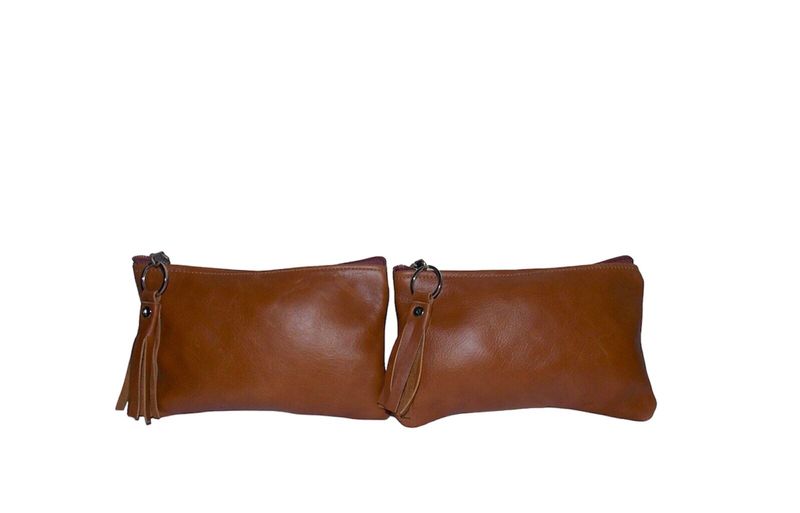 Twin pack Genuine Leather Makeup Bag with Tassel Light Brown