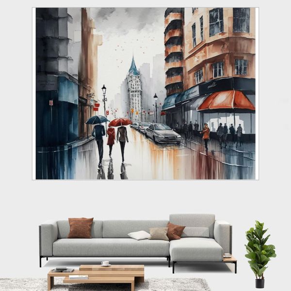 Canvas Wall Art - Premium - City Street Acrylic Water Colour - B1301
