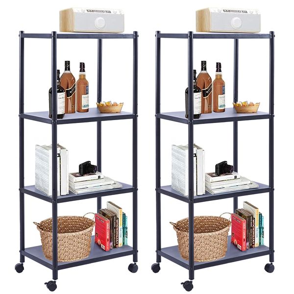 4-Tier Storage Shelves Adjustable Standing Metal Rack with Wheels Set of 2