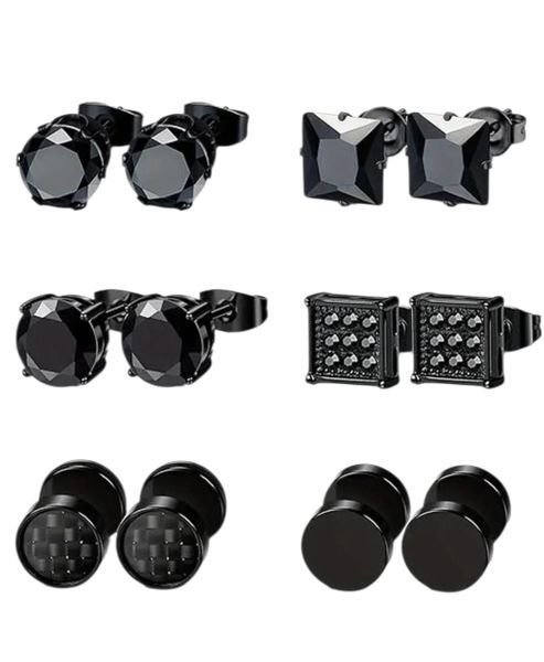 6 Pairs Black Stud Earrings Set for Men &amp; Women