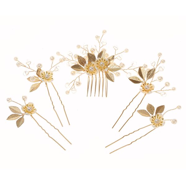 5 Pcs Gold Leaf Hair Comb and Hair Pins Bridal Hair Accessories Headpiece