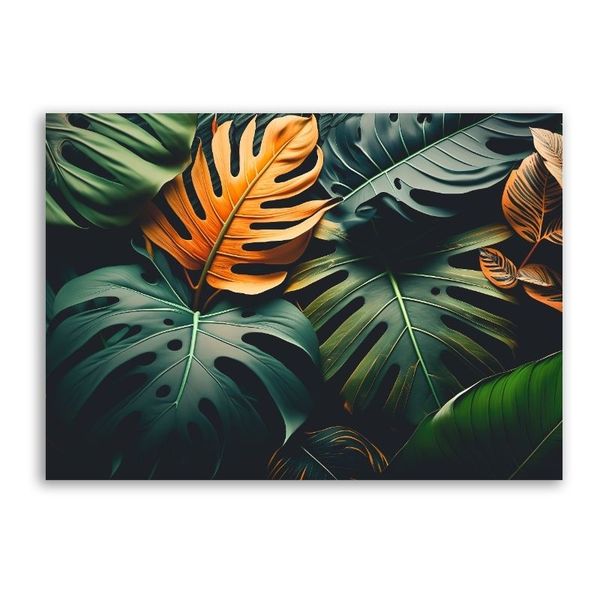 Exotic Leaves Green-Orange Canvas Floral Wall Art