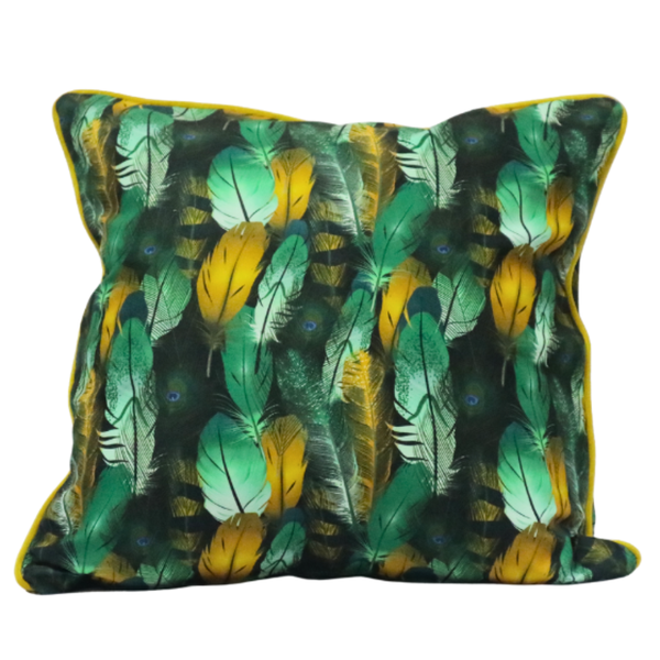 Green-Yellow Velvet Peacock Feather Print Zipper Closure Throw Pillow