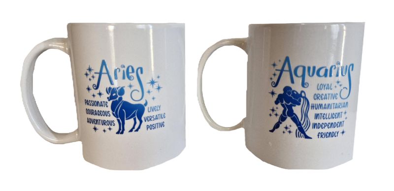 Set of 2 Coffee mugs with Zodiac sign Aries &amp; Aquarius
