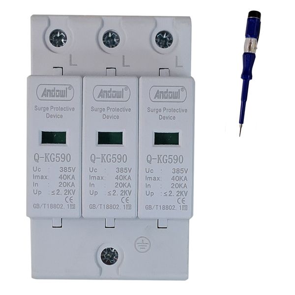 Andowl 3 Phase 40kA Lightning Surge Protector AC385V + Power Test Pen