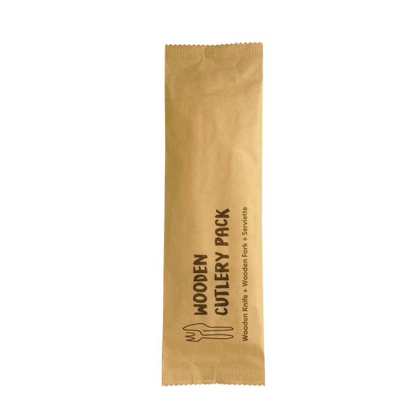Wooden Knife/Fork/Serviette Set in Sealed Paper - Pack Of 50