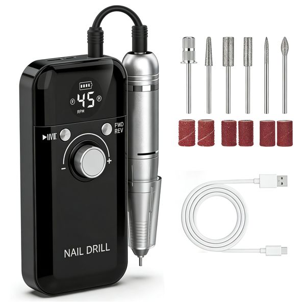 Electric Nail Drill Machine, 45000RPM Portable &amp; Rechargeable, Polish Grind