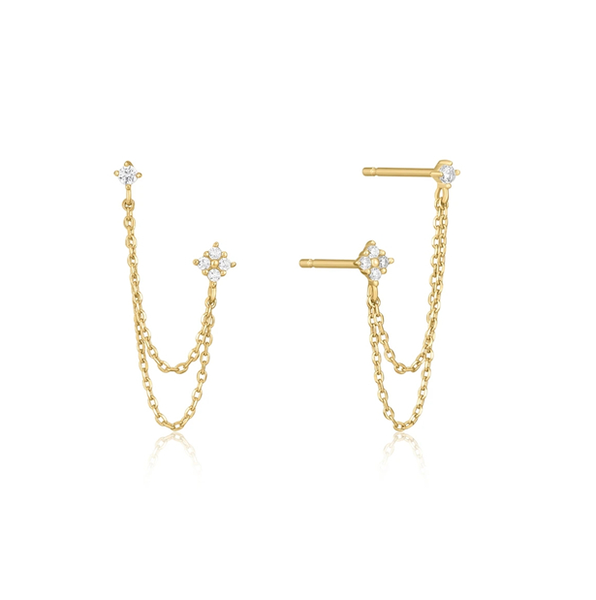 Cosmic Double Stud &amp; Tassel Chain 18K Gold Plated &amp; Zircon Earrings