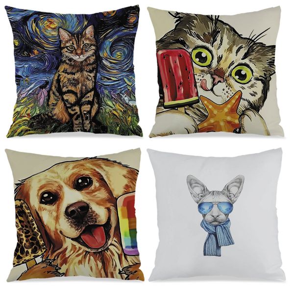 Set of 4 Abstract Dog Cat Printed Pillowcase, 45x45cm Washable Cushion Case
