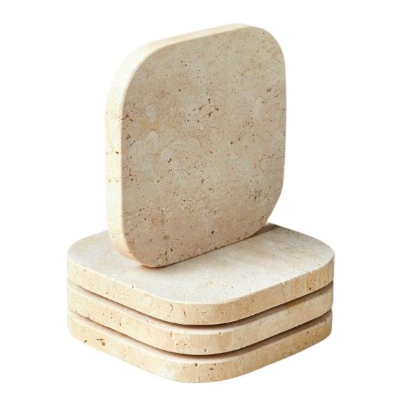 Natural Stone Square Coasters Set With Rounded Edges - Beige - 4 Piece