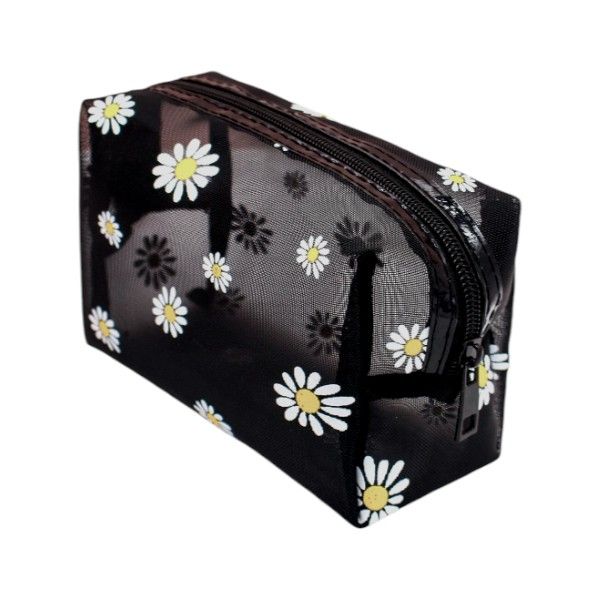 Minimalistic Daisy Patterned Mesh Cosmetic Makeup Bag - Black/White/Yellow
