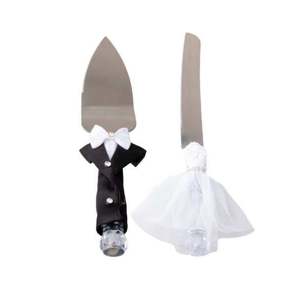 Elegant Silver Cake Knife &amp; Server Set with Bride and Groom Clothes Handles