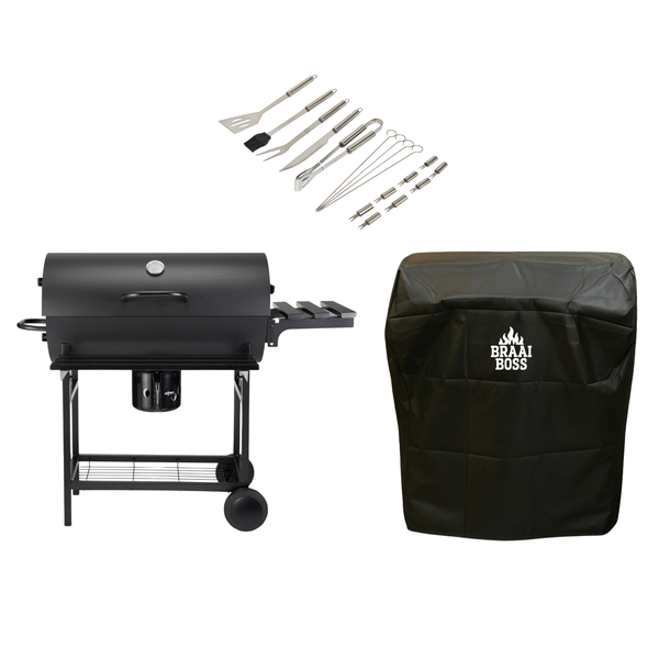 BraaiBoss 70cm Charcoal Barrel Braai - Shelves, Cover &amp; Braai Tool Set