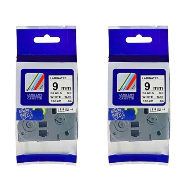FTG TZ-221 Brother Label Tape Cartridge-Laminated Black On White-Pack Of 2