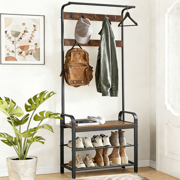Shoe Rack Bench Coat Hanger Rack Hall Tree Storage Shelf Organizer 9 Hooks