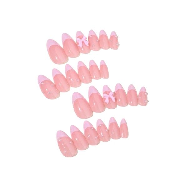 24pcs - French Tip Almond Press On Nails With 3D Bow &amp; Pearl Elemants -Pink