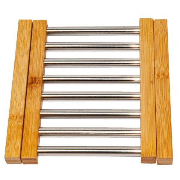 Extendable coaster made of bamboo, stainless steel braces