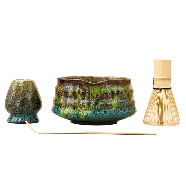 Matcha Tea Making Set Ceramic w/Glaze: Bowl, Whisk &amp; Stand, Spoon, Sieve