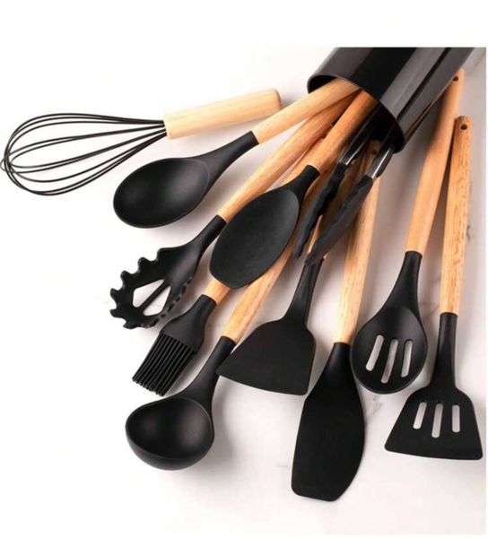 Silicone Kitchen Utensils, Wooden handle.