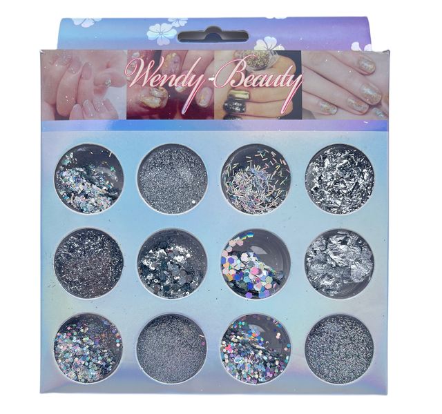 Wendy Beauty 12 Design Nail Decorations Kit Nail Art Silver Series