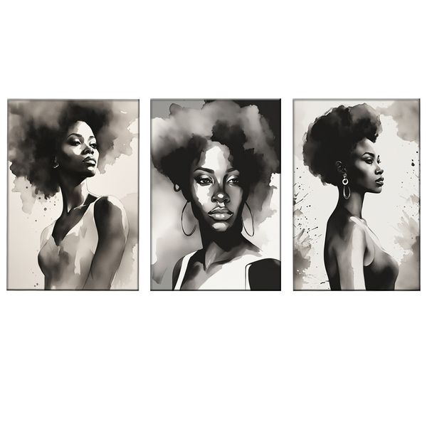 Canvas Art - 3 Pieces Black &amp; White Splash African Woman Abstract Wall Art II
