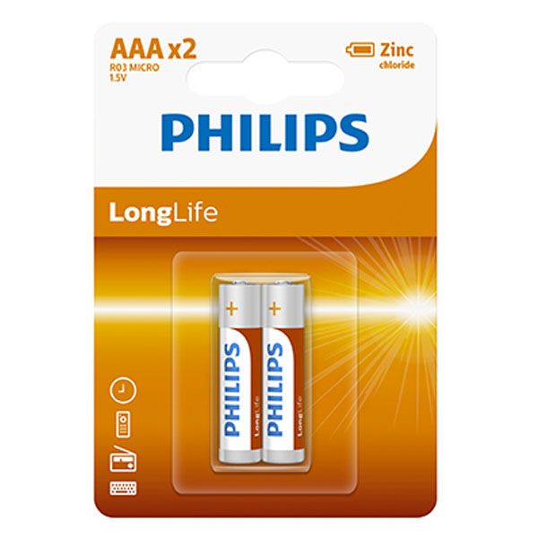 Philips Longlife Zinc AAA Batteries 1.5V 2 Pack