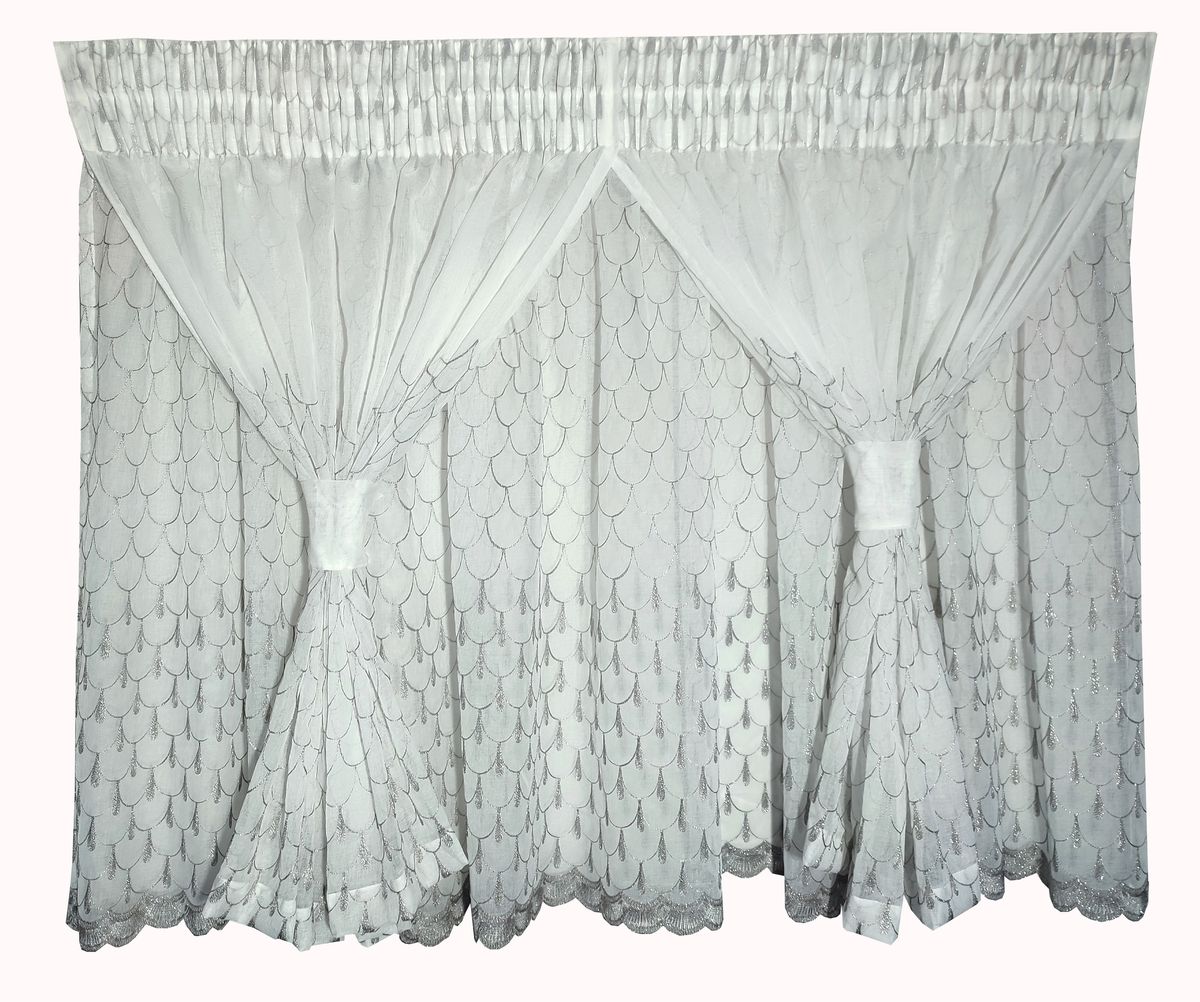 3m Kitchen Curtain Full Embroidered Linen 1735 Grey Voile 2 Layer