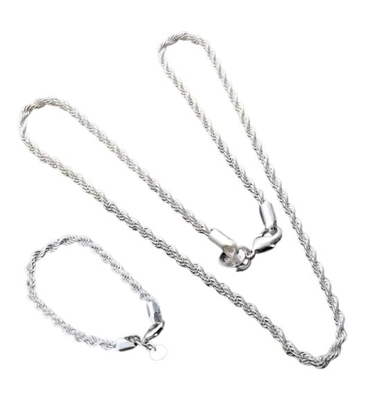 925 Sterling Silver Plated 4mm Twisted Rope Necklace &amp; Bracelet Set