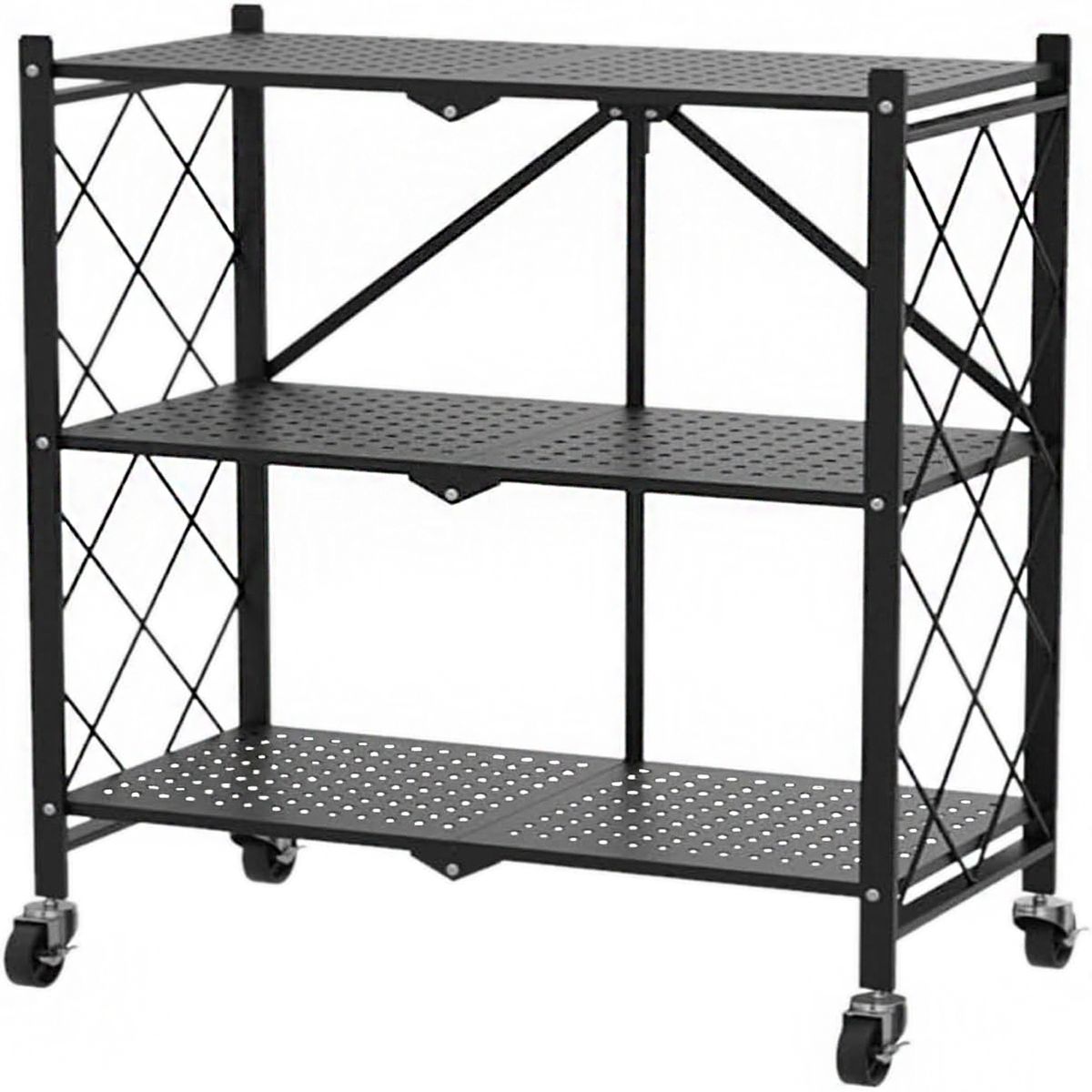 3-Tire Metal Storage Cart Foldable Trolley Kitchen Trolley with Wheels