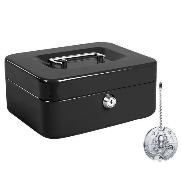 Large Metal Lock Cash Box, 2 Keys with Foldable Keyring Knife