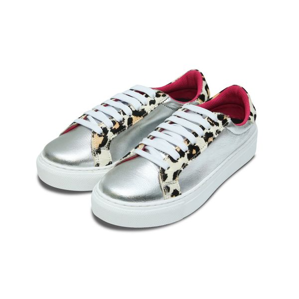 1984 Deluxe Brand Metallic Silver and Snow Leopard Low Top Sneakers