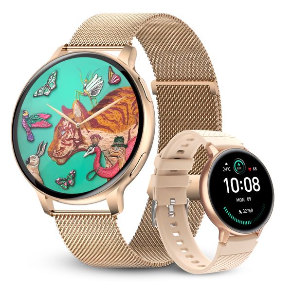 Smart Watch for ladies, health monitoring , steel+silicon straps, Gold