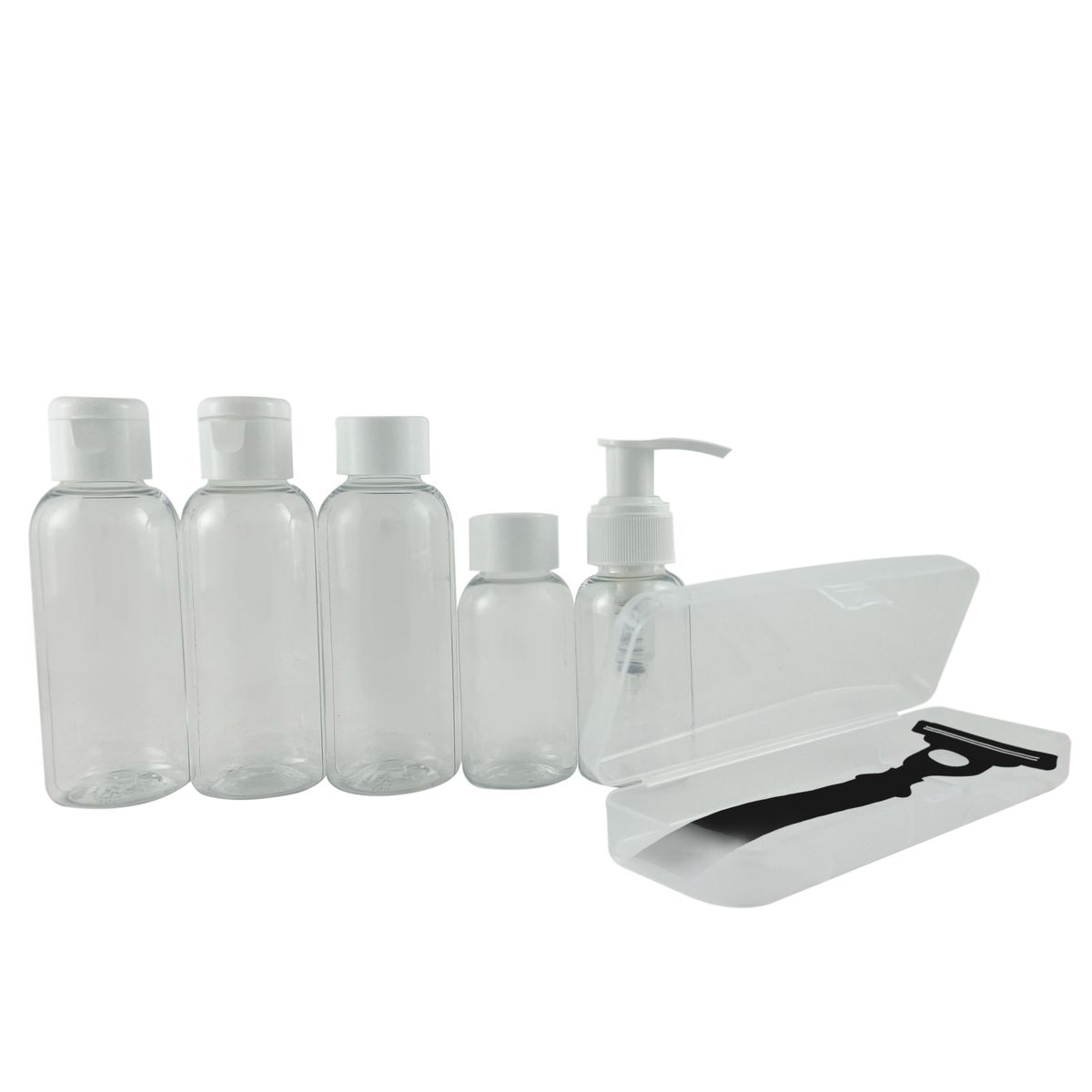 5 Empty Plastic Travel Bottles with Razor/Shaver Holder