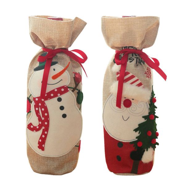 Christmas Decoration Linen Embroidery Snowman Old Man Wine Cover Christmas