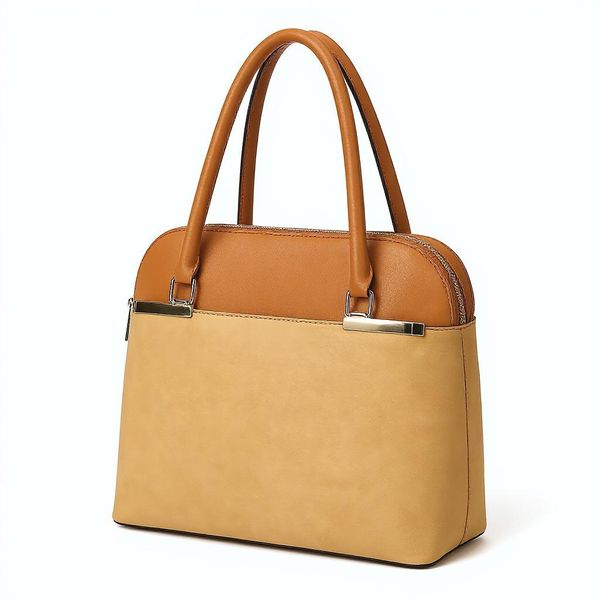 Women's Two-Tone PU Leather Handbag - Light Brown &amp; Caramel