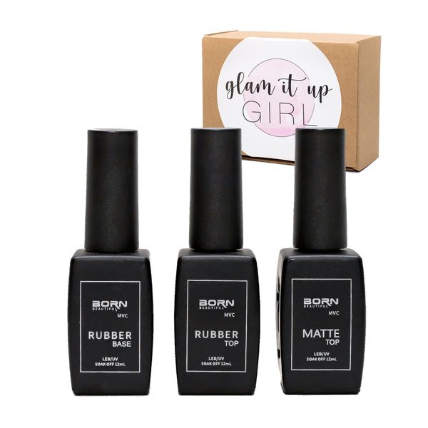 Glam It Up Girl/UV/LED Rubber Base,Top &amp; Matt Top Coat - Set of 3