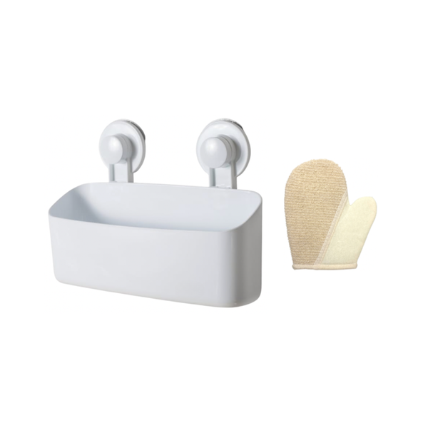 Bathroom Storage Holder with Suction Cups and Exfoliating Glove